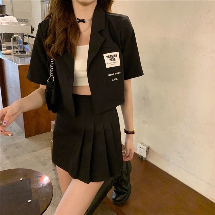 短袖外套女垂感小西服韓版寬松設計感小眾黑色短款西服夏薄款