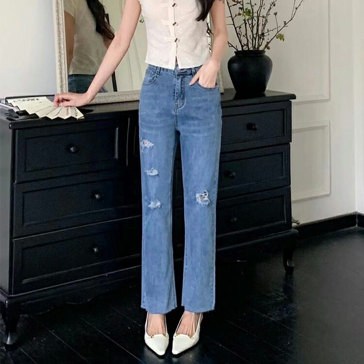 抓破寬版直筒牛仔褲(M-3L)   【B370322】 1