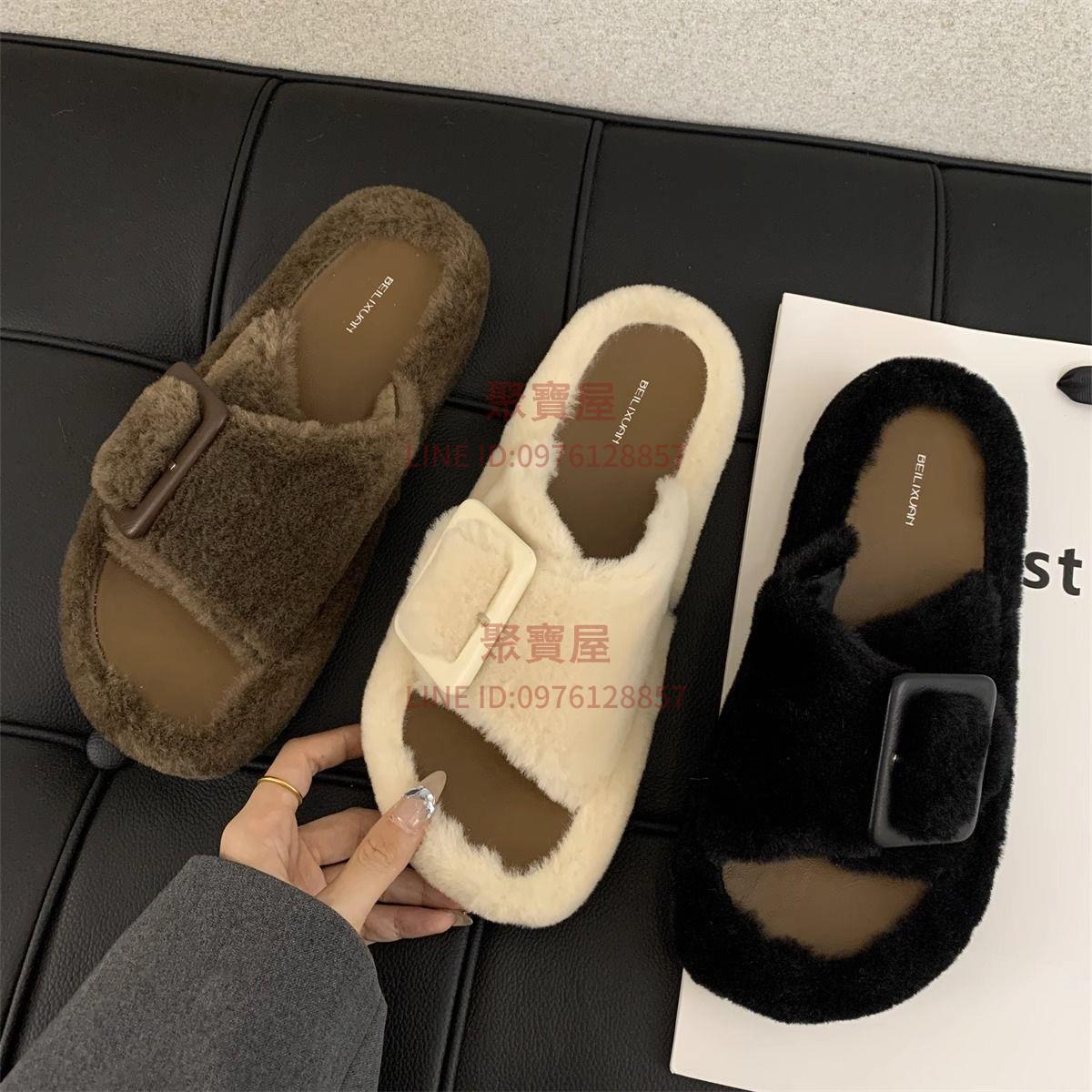 厚底毛毛鞋外穿圓頭懶人一腳蹬家居棉拖鞋時尚百搭女鞋秋冬新款【聚寶屋】