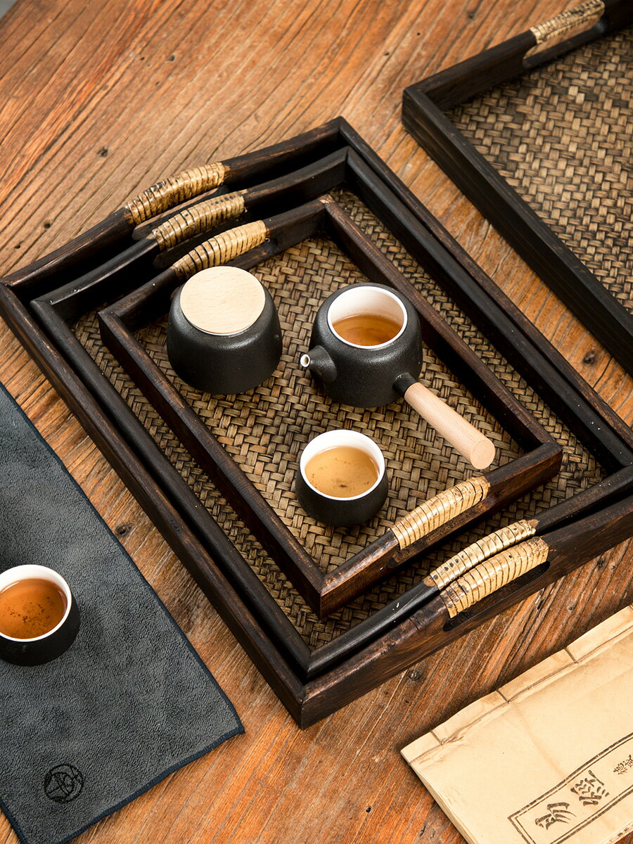 異麗木質藤編托盤泰國實木長方形竹大茶盤家用復古中式茶杯茶托盤