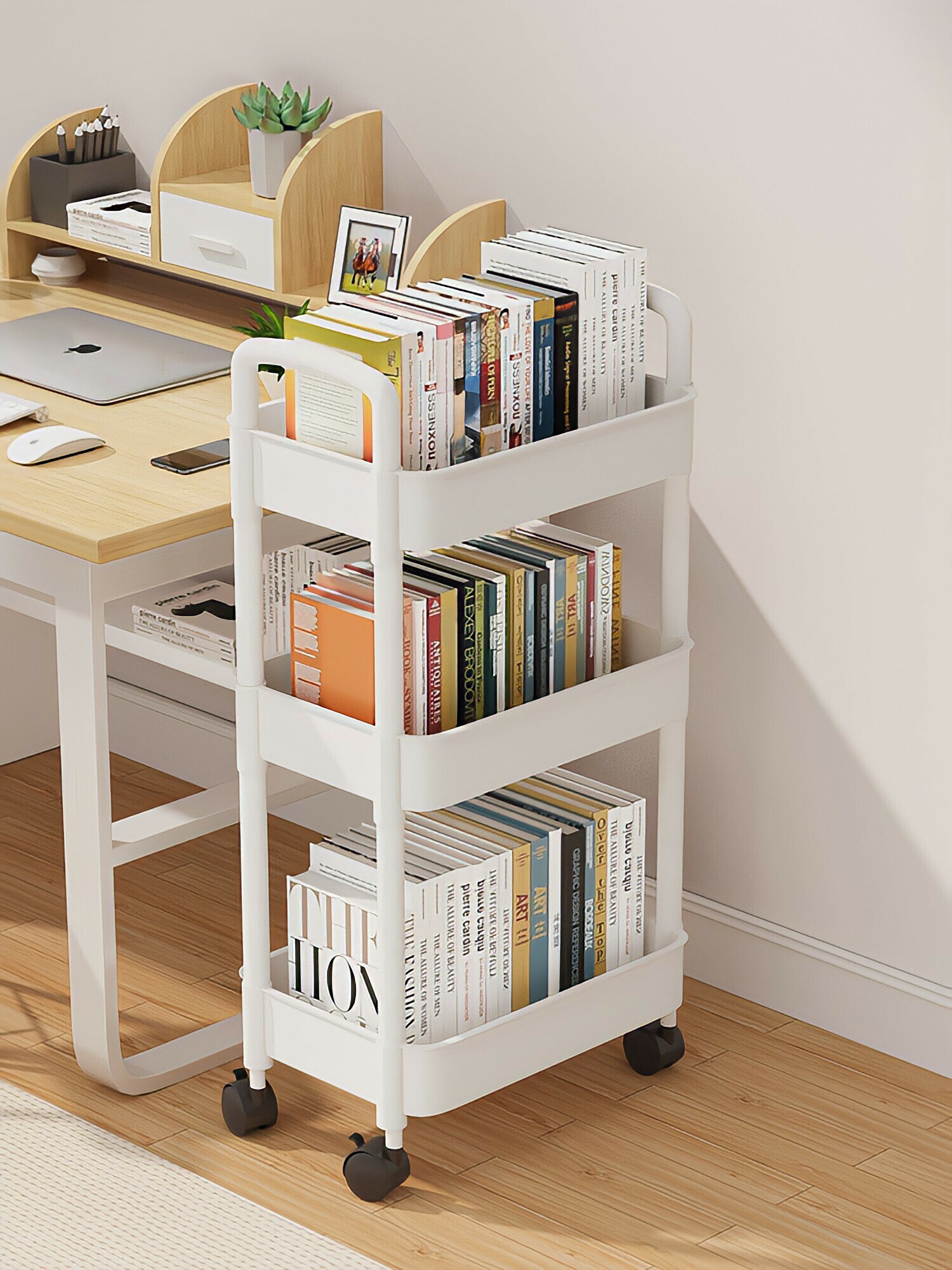 小推車書架落地帶輪可移動書柜書桌旁置物架多層簡易書本收納