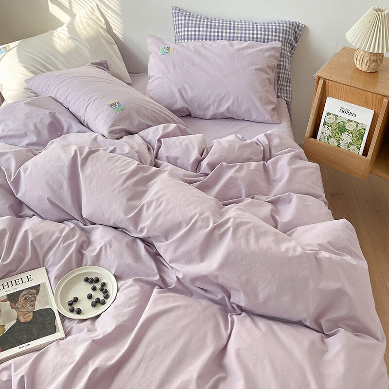 網紅款ins風水洗棉床上四件套100全棉純棉簡約紫色被套床單三件套