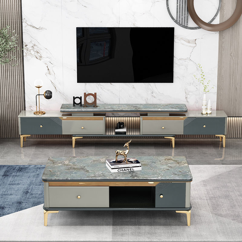 新款輕奢電視柜茶幾組合套裝現代簡約客廳可伸縮大理石面亮光巖板