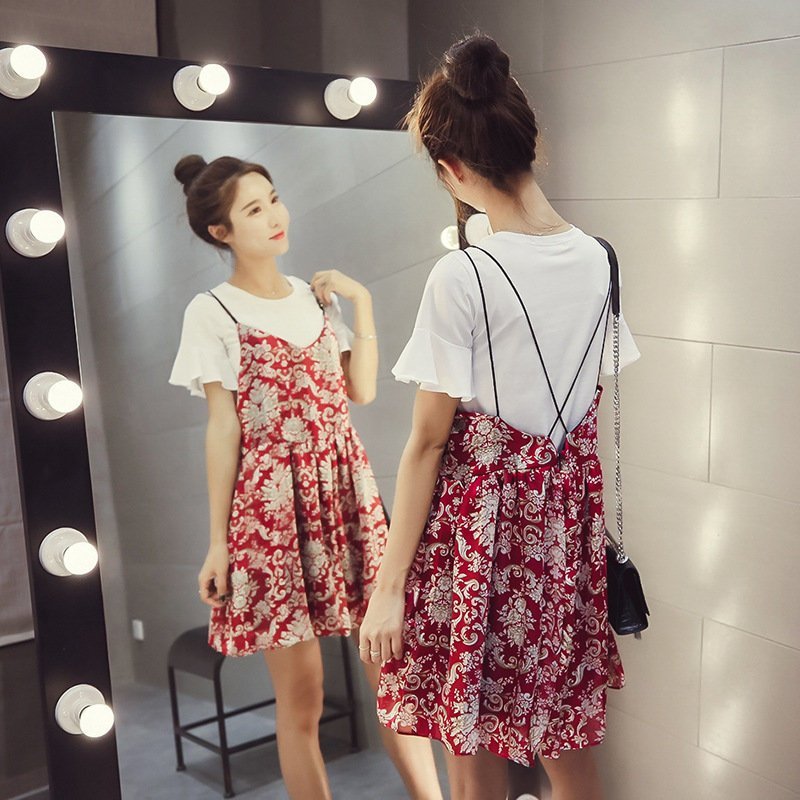 FINDSENSE G5 韓國時尚 清新 短袖 T恤 兩件套 吊帶 高腰 碎花 連身裙 套裝