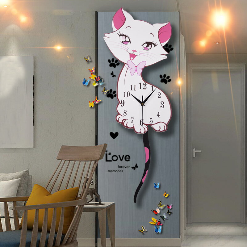 貓咪石英鐘表掛鐘客廳創意現代簡約時尚掛表家用可愛裝飾個性時鐘