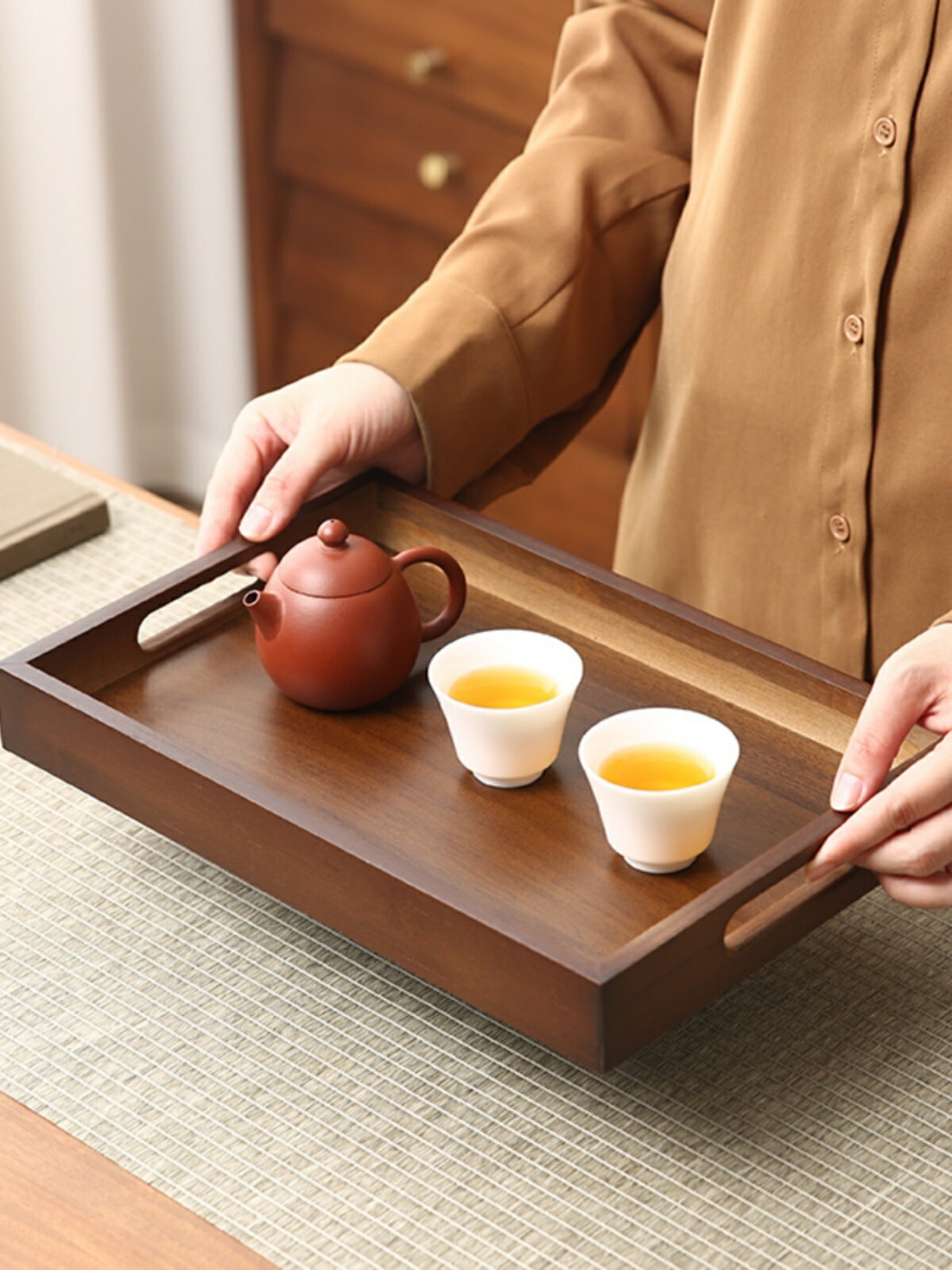 木質託盤 圍爐煮茶盤手提木質託盤方形餐盤咖啡廳甜品盤收納盤蛋糕盤點心盤