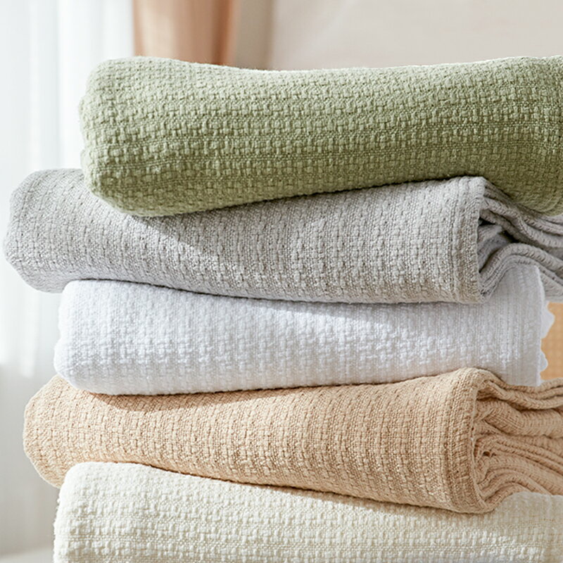 純棉老式復古毛毯蓋毯針織全棉沙發蓋布毯子休閑毯民宿床尾毯綠色