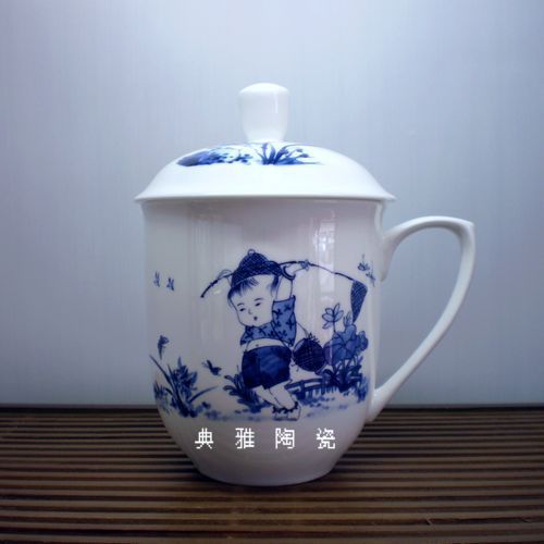 景德鎮骨瓷帶蓋茶杯 陶瓷水杯子 青花瓷禮品杯超大霸王杯 辦公杯1入