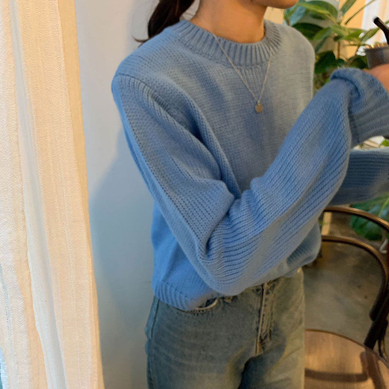 秋裝ins基礎百搭短款外穿針織衫上衣學生寬松圓領套頭毛衣女1入