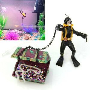 美國海馬氣動魚缸裝飾尋寶蛙人（需連接氣泵)魚缸造景潛水員寶箱
