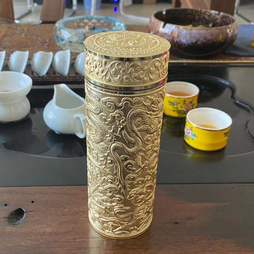 尊貴浮雕金銀九龍純銀杯內膽足銀保溫杯時尚商務長壽水杯茶杯| 協貿國際