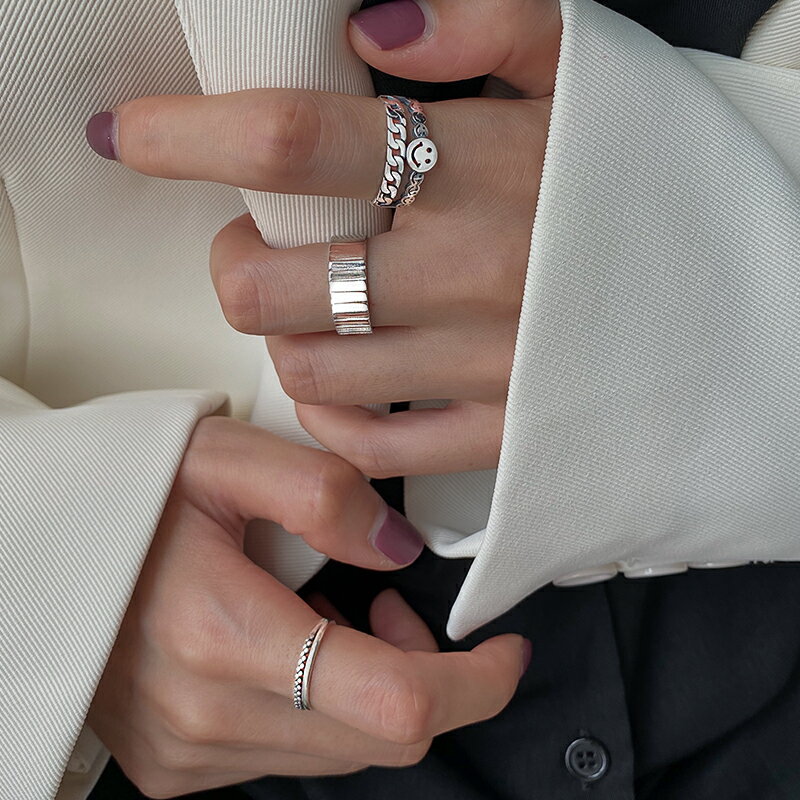 925純銀復古做舊笑臉戒指女ins潮小眾設計時尚雙層食指戒個性開口 2