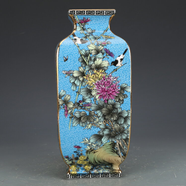 清乾隆琺瑯彩藍地花鳥四方瓶古董古玩收藏真品彩繪花瓶老物件瓷器| 協貿 