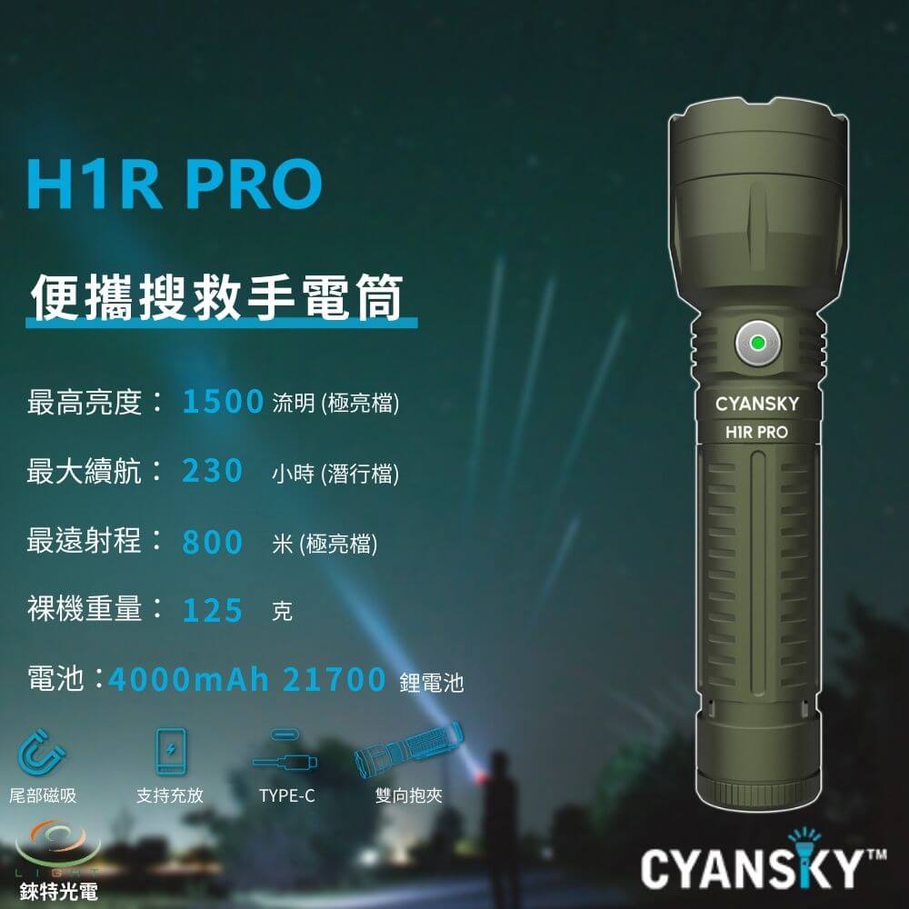【錸特光電】CYANSKY H1R PRO 便攜搜救手電筒 1500流明 800米 遠射 尾部磁吸 雙向抱夾 露營 檢修