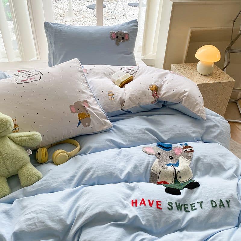 新款立體刺繡系列 藍色小象全棉刺繡床包四件套