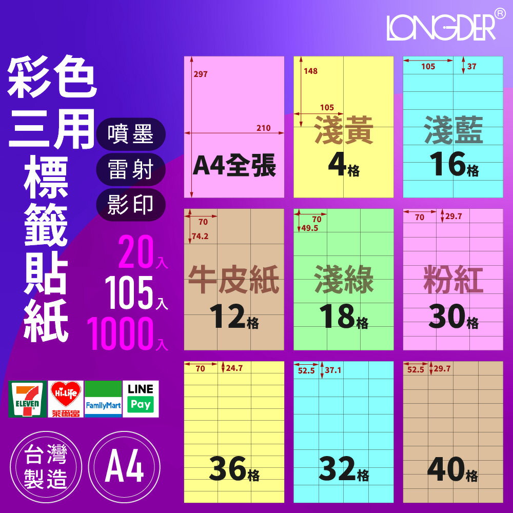 下單備註顏色【A4彩色三用105入】龍德自黏標籤貼紙 粉紅 藍 綠 黃 牛皮紙 噴墨雷射影印 三用標籤 電腦標籤 臺灣製