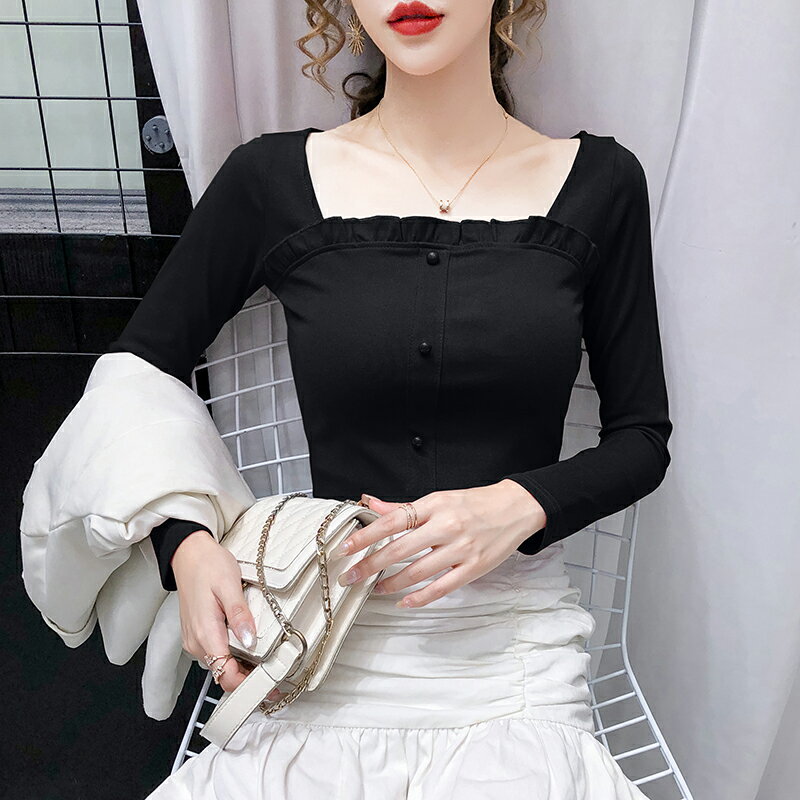 春季新款酒紅色方領長袖T恤女設計感小眾高腰短款溫柔風上衣