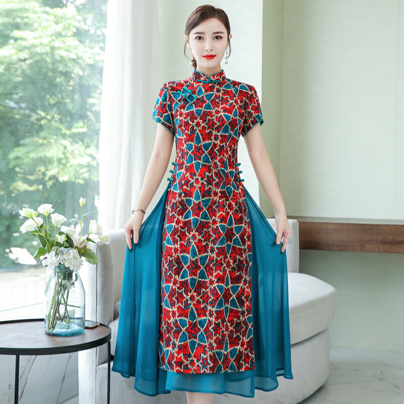 夏季奧黛中國風女裝越南奧黛長款旗袍改良民族風格連衣裙顯瘦1入