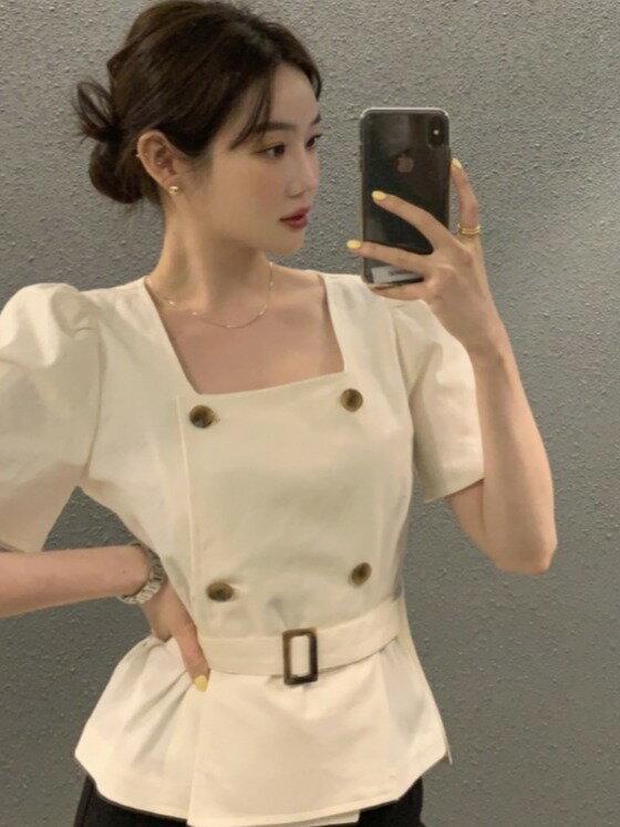 韓國chic復古雙排扣短袖襯衫女法式時尚高級設計感收腰氣質上衣潮