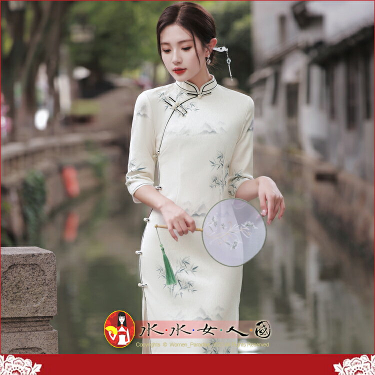 多麗絲印花七分袖長旗袍 復古中國風經典改良式時尚修身顯瘦日常連身裙洋裝～美麗優雅風～聞青。水水女人國