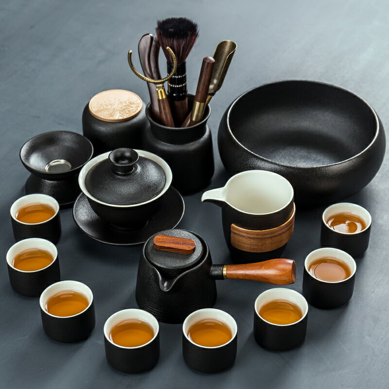 黑陶功夫茶具套裝粗陶日式家用辦公茶盤茶具黑禪風蓋碗茶壺茶杯