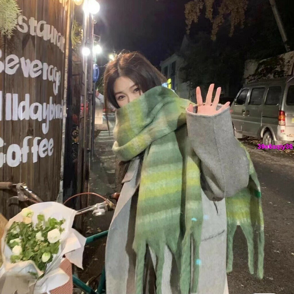 圍巾 圍脖 西本加厚保暖圍巾冬季女高級感馬海毛綠色仿羊絨圍脖加長軟糯情侶