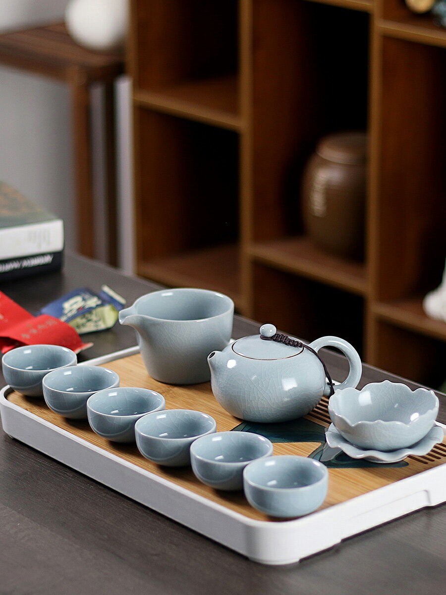 開片汝窯功夫茶具套裝整套家用陶瓷茶壺杯子復古簡約辦公室會客杯