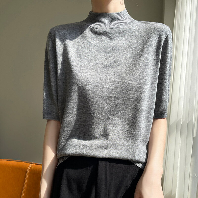 現貨+預購 羊毛針織衫五分袖毛衣-半高領保暖純色簡約女上衣8色74lc27【獨家進口】【米蘭精品】