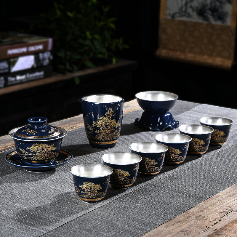 豹霖鎏銀蓋碗功夫茶具套裝陶瓷家用品辦公室會客純銀茶杯禮盒高級