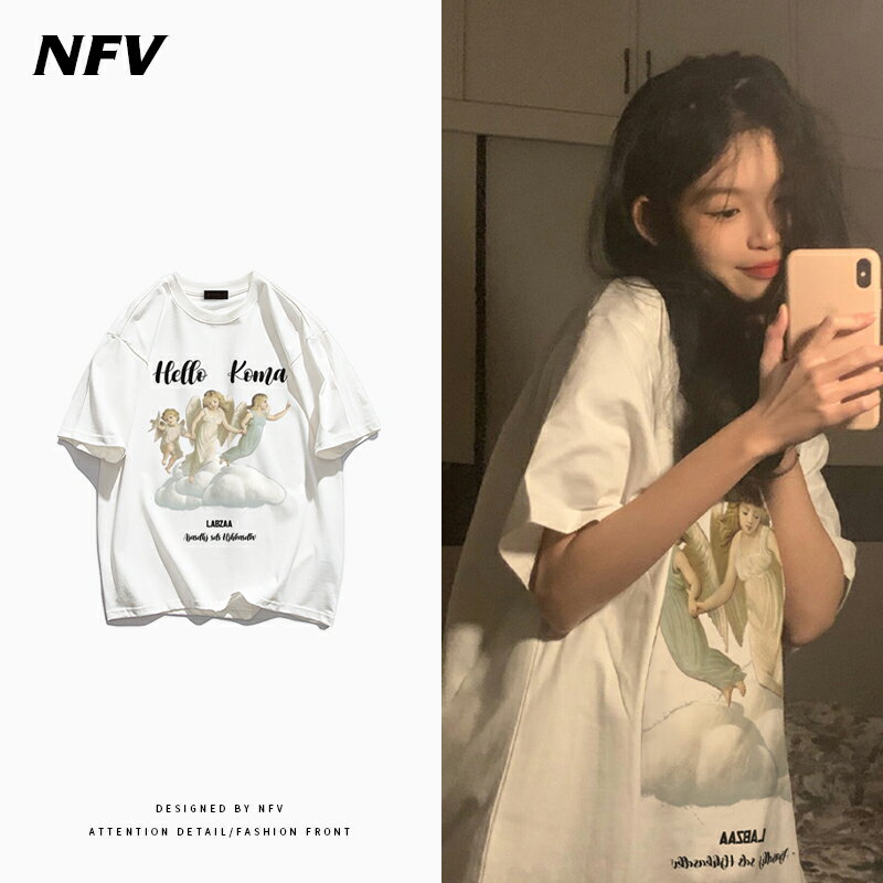 ins國潮牌小眾設計感天使印花t恤女2022夏季新款韓版寬松純棉短袖