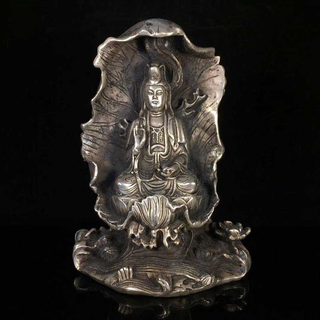 藏傳老銀白銅鎏銀蓮花觀音菩薩佛像風水擺件居家佛堂用品收藏品