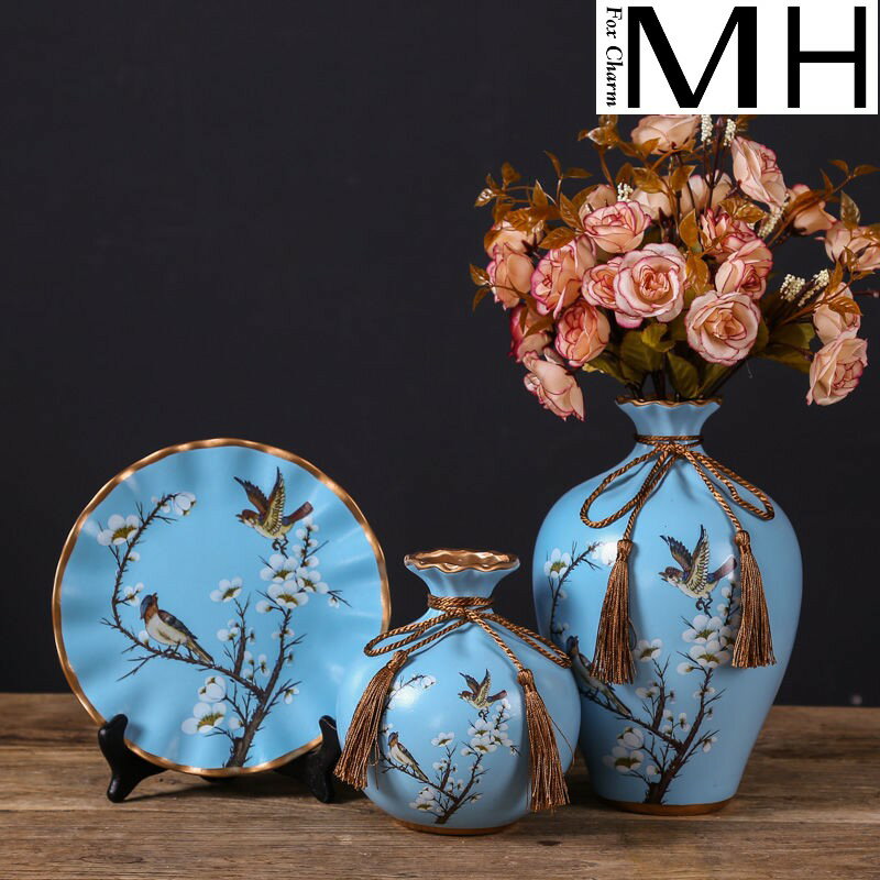 歐式創意陶瓷花瓶三件套插花擺件美式復古客廳酒柜裝飾品結婚禮物