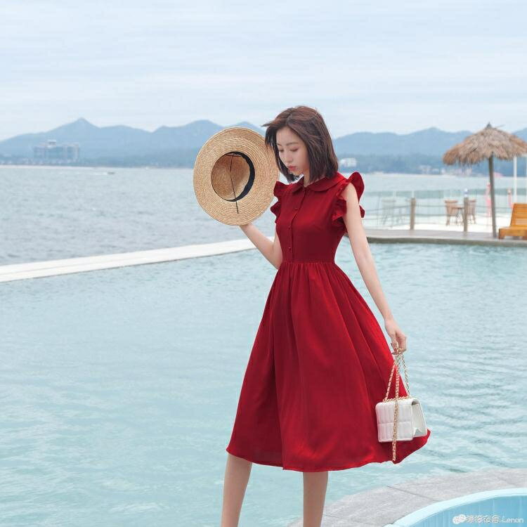 夏季新款修身顯瘦娃娃領中長款氣質溫柔風洋裝女法式紅裙子 全館免運