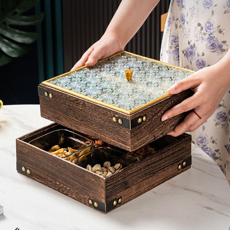 糖果盒 果盤 零食盒 茶點盒 木質復古風干果盤 客廳家用分格零食擺放盤 茶點小吃堅果瓜子收納盒
