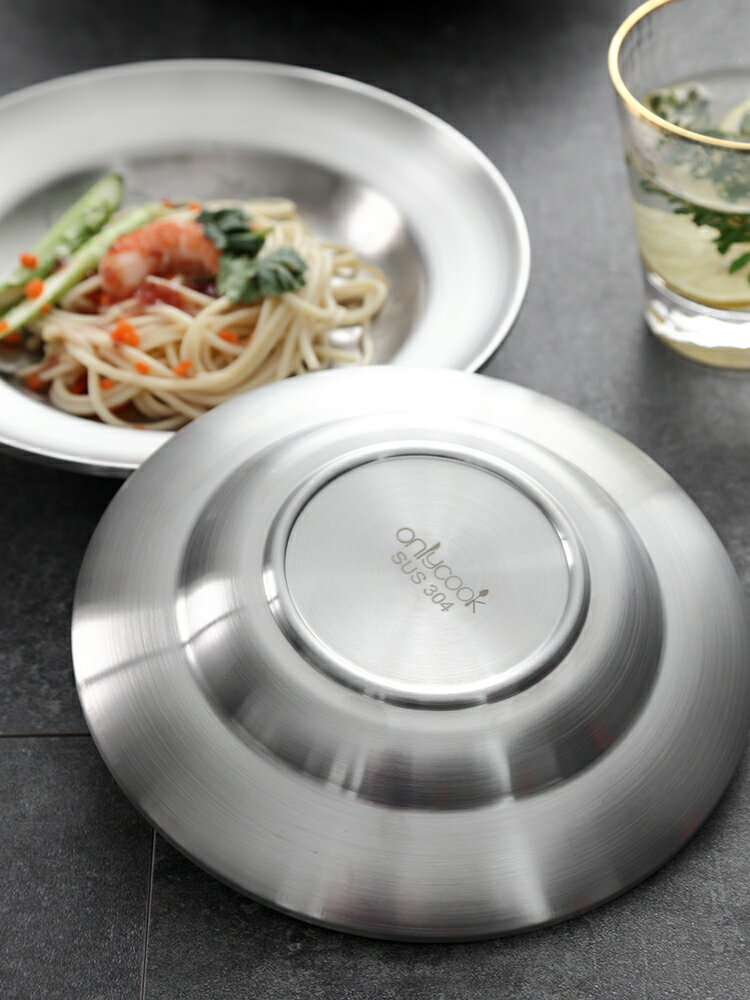 加深304不銹鋼盤子 家用食品級圓形餐盤深盤雙層魚盤菜盤碟子餐具