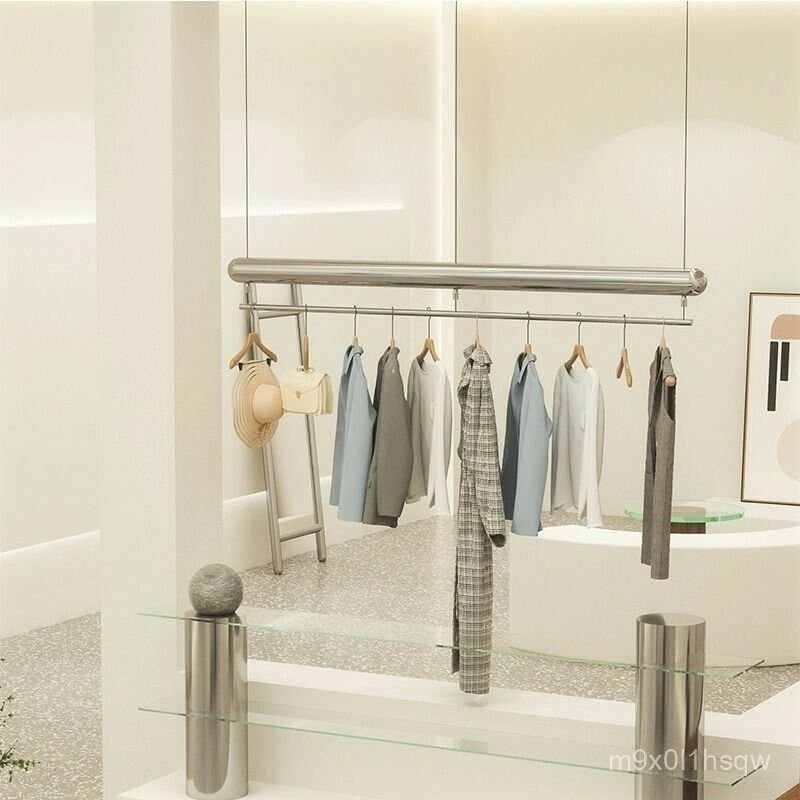 免運 掛墻服裝服裝店展示架吊架懸掛吊頂不銹鋼掛衣拉絲墻上掛衣架女裝貨架 掛衣架 落地衣 收納架 服飾架
