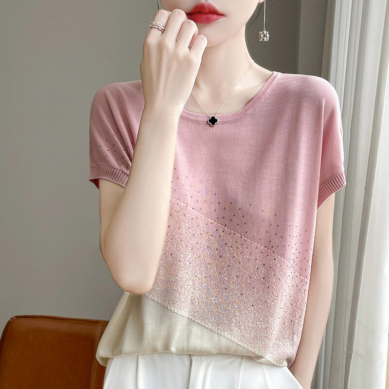 現貨+預購 針織衫短袖毛衣-天絲漸層燙鑽T恤女上衣3色74lc51【獨家進口】【米蘭精品】