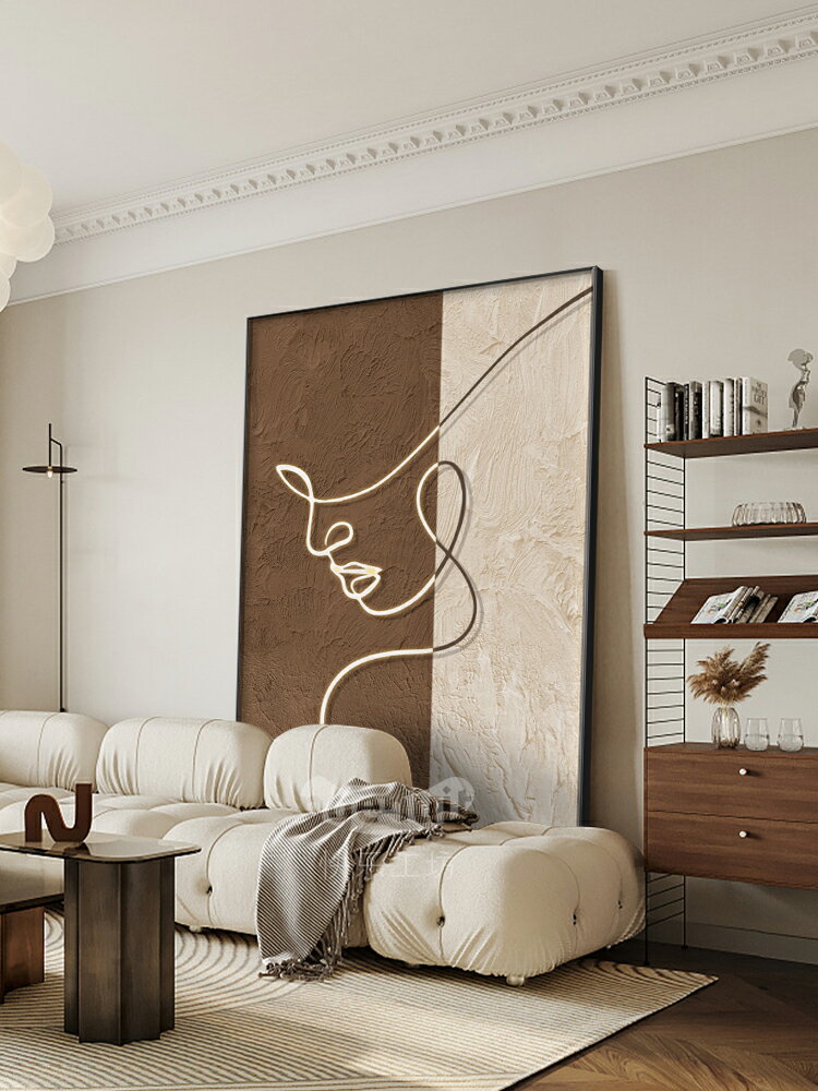 現代簡約客廳裝飾畫抽象畫線條人物大幅玄關掛畫侘寂風沙發落地畫