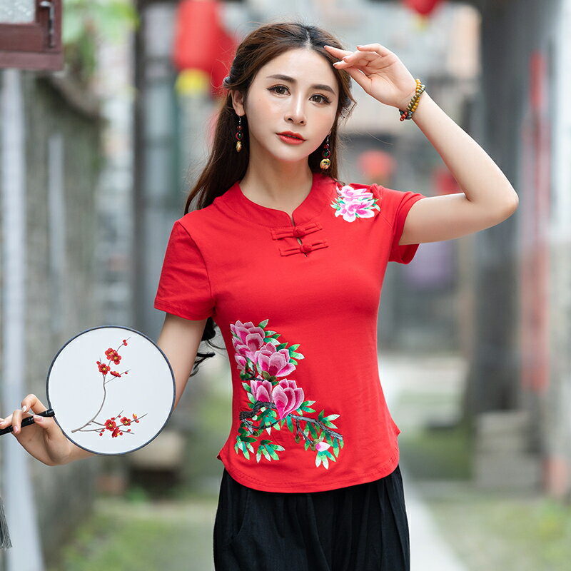 夏季新款原創民族風服裝中國風文藝復古繡花短袖T恤女士上衣1入
