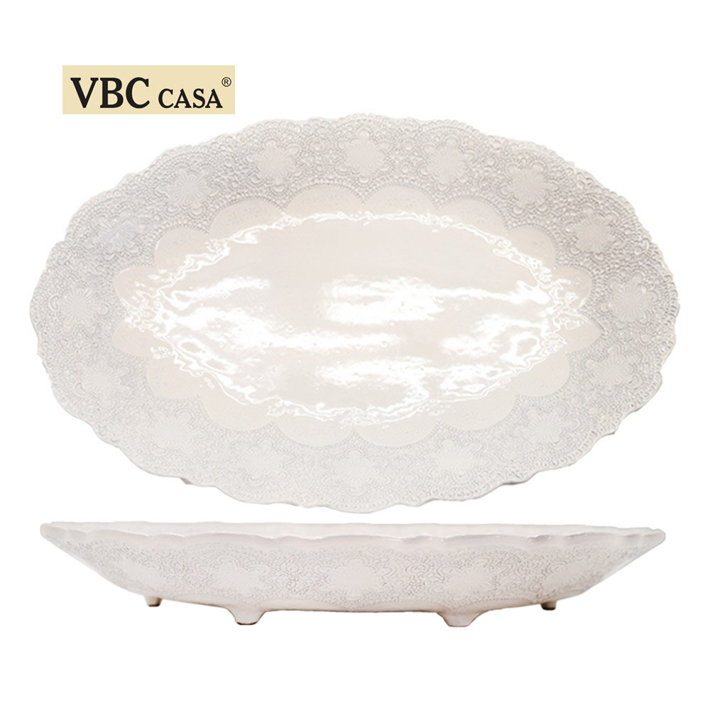 義大利VBC 48cm橢圓有角盤 盤子 餐盤 casa蕾絲系列 48 cm 橢圓有角盤 / 米白色