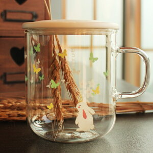 買一送一 日本和風兔子與蝴蝶玻璃杯子 茶杯牛奶早餐杯創意辦公室水杯帶蓋 居家物語