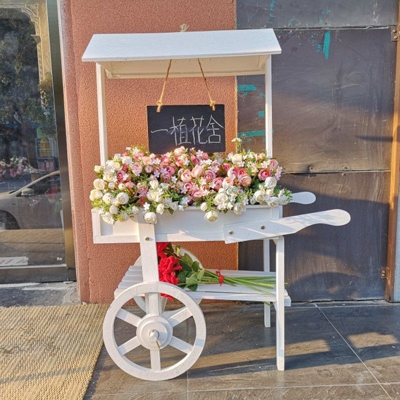 復古田園花架實木黑板小推車擺件陽臺花店落地置物架家居裝飾