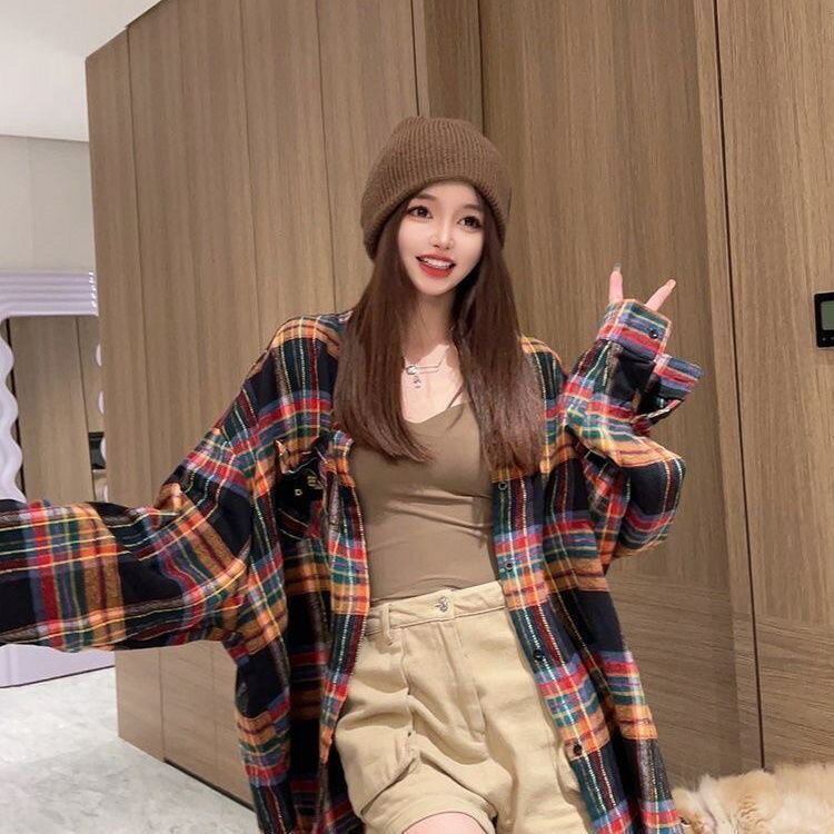 格子襯衫 女上衣 女裝 衣服 寬鬆上衣 格子襯衫女春夏秋新款韓版時尚少女小個子復古長袖襯衣休閒外套 7