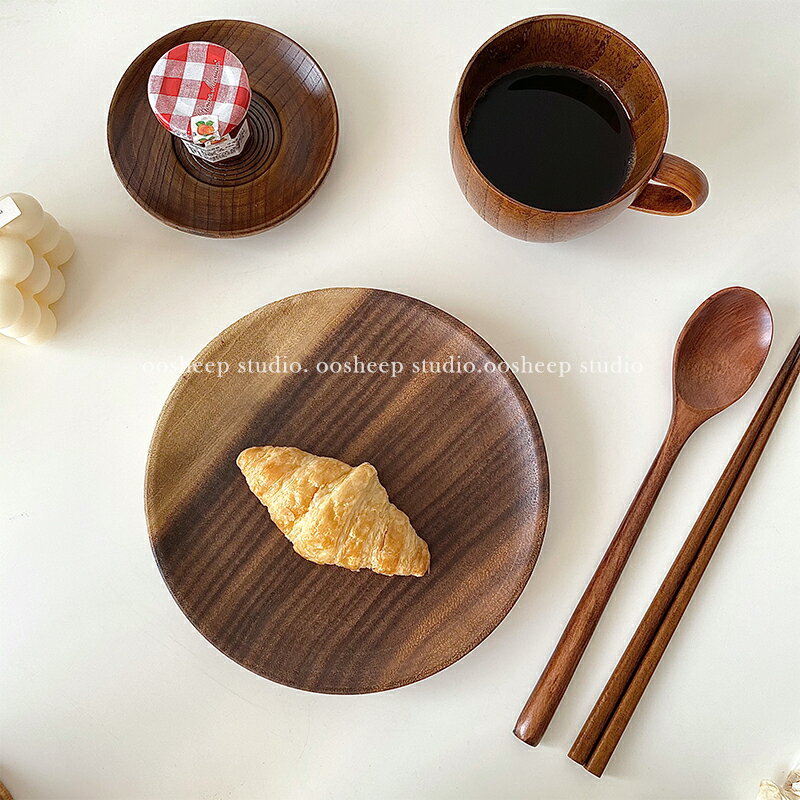 oosheep日式復古實木盤子 木質托盤點心盤 餐具一人食 碗筷碟套裝