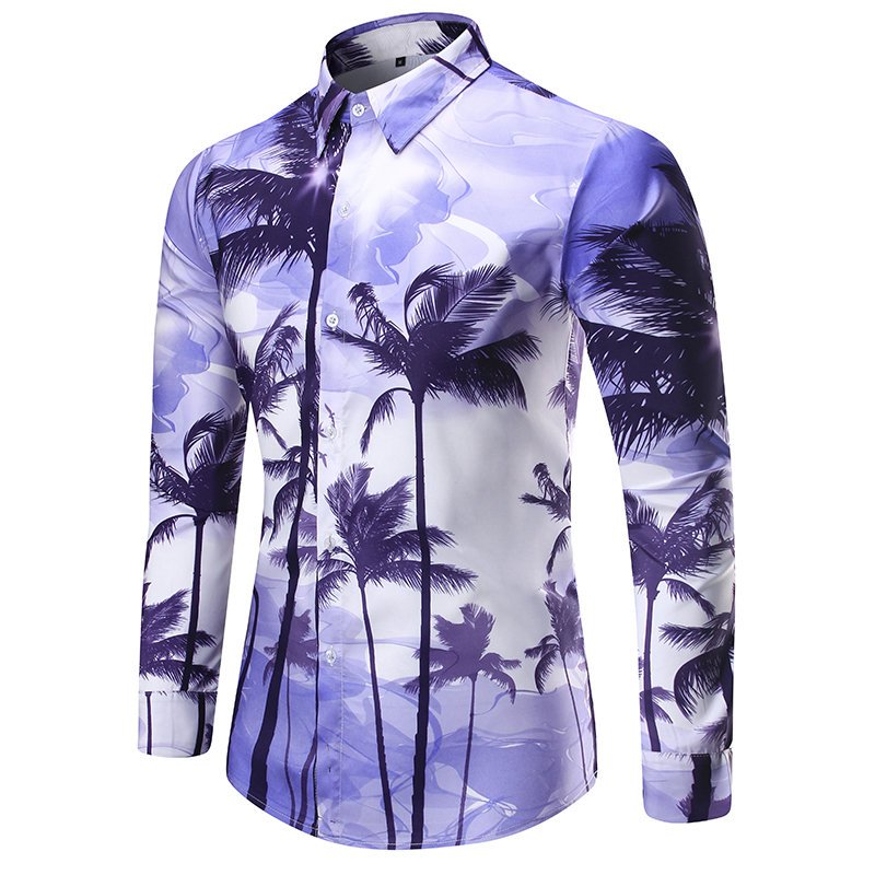 FINDSENSE MD 韓國 休閒 時尚 男 寬鬆大碼 翻領鈕扣 紫色 椰樹印花 長袖襯衫 上衣 碎花襯衫