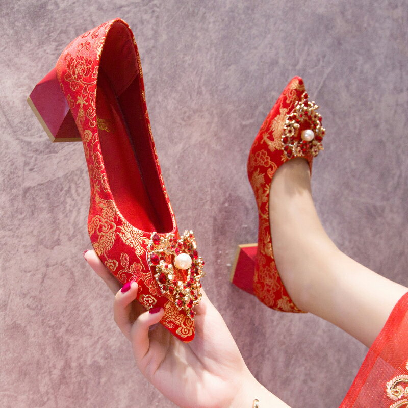 秀禾鞋結婚鞋子中式新娘鞋年新款紅色婚禮高跟鞋粗跟繡花婚鞋
