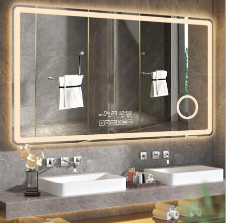 【現貨免運】方形浴室鏡LED鏡子智能浴室鏡壁掛鏡掛墻鏡（三色光調光+除霧+時間溫度顯示） 全館免運