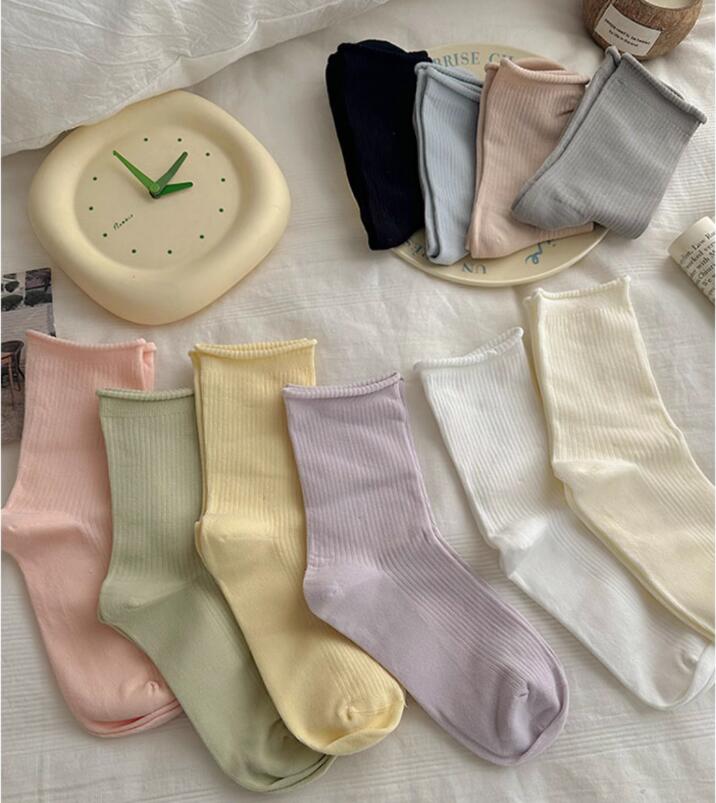 卷邊襪子女中筒夏季薄款運動日系棉純色夏天堆堆襪【繁星小鎮】