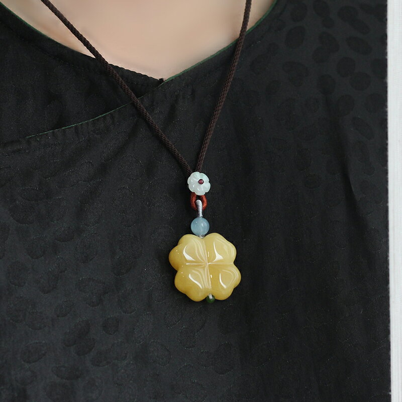 丹妮原創 天然雞油黃蜜蠟四葉草吊墜項鏈 S925純銀項圈高檔毛衣鏈 3