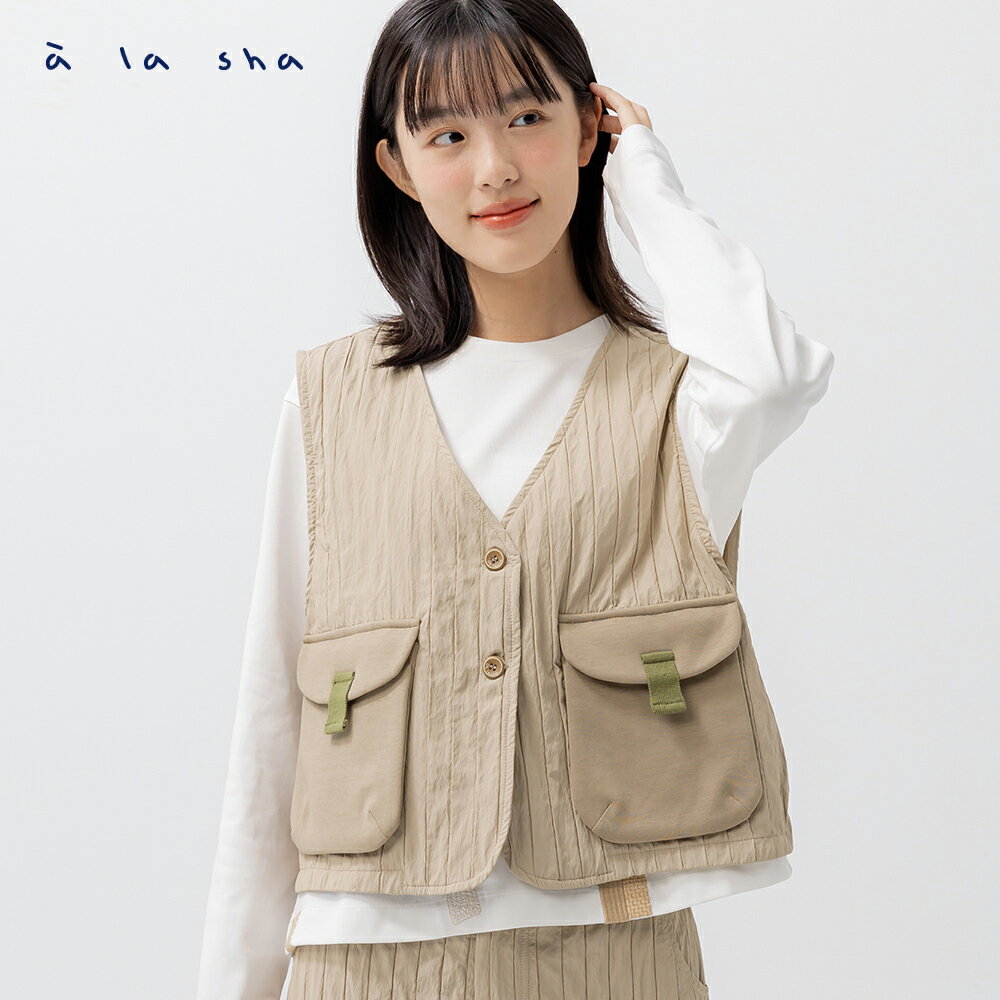 a la sha 微澎粗條口袋外搭背心